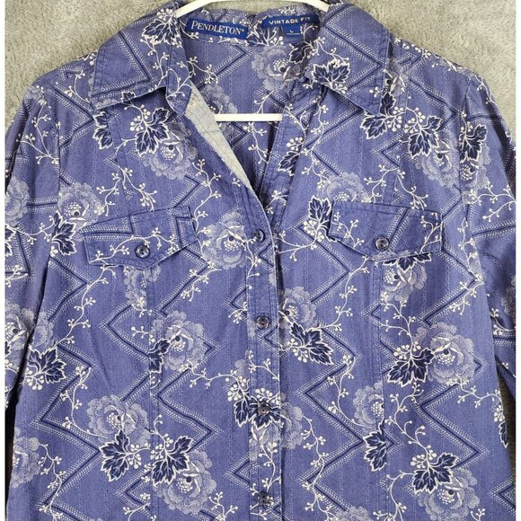 Pendleton Shirt Womens Large Blue Floral Button Up Short Sleeve Vintage Fit - Picture 6 of 9